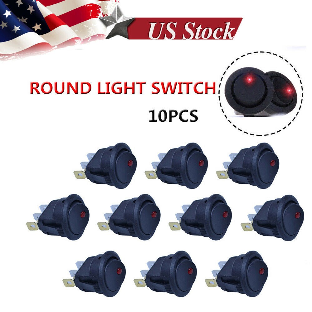 10PCS DC 12V Car Dot Auto Boat Round Rocker Red LED Light SPST Switch ON-OFF