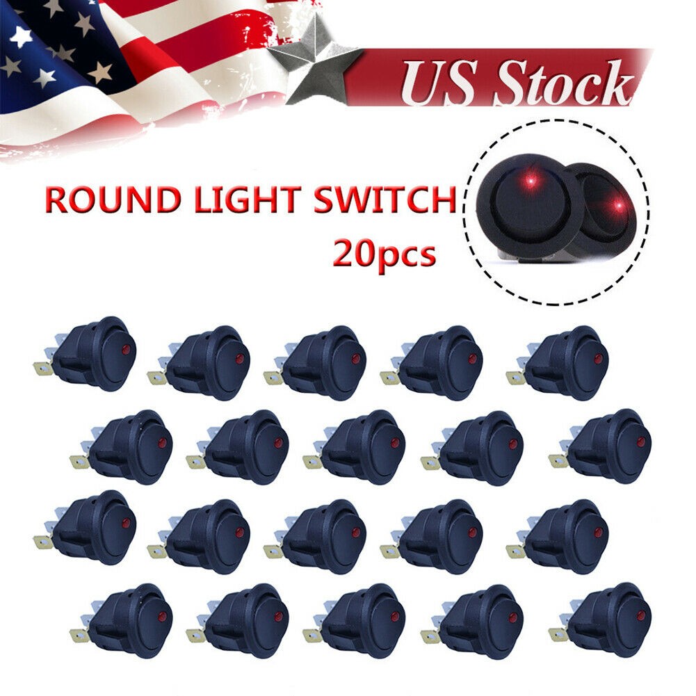 Red 20X Dc 12V 20A On/Off Led Dot Round Rocker Toggle Switch Car Boat Light
